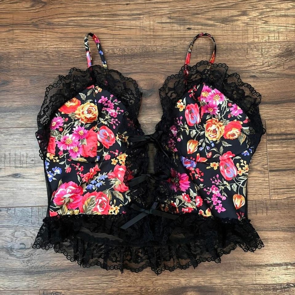 Vintage Floral Lace Corset Style Cami Ribbon Front Tie Mesh Women L Coquette